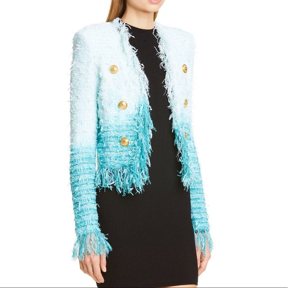 Balmain Fringe Dip Dye Tweed Jacket In Blue - Picture 4 of 9